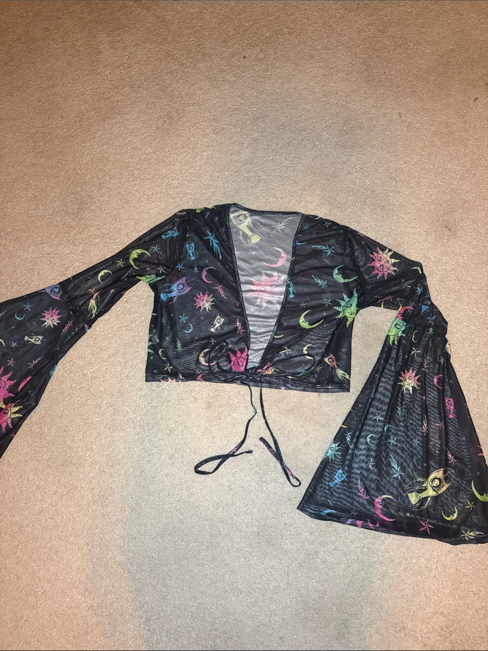 SHEIN Black Sheer Tie-Front Crop Top with Multicolor Celestial Print